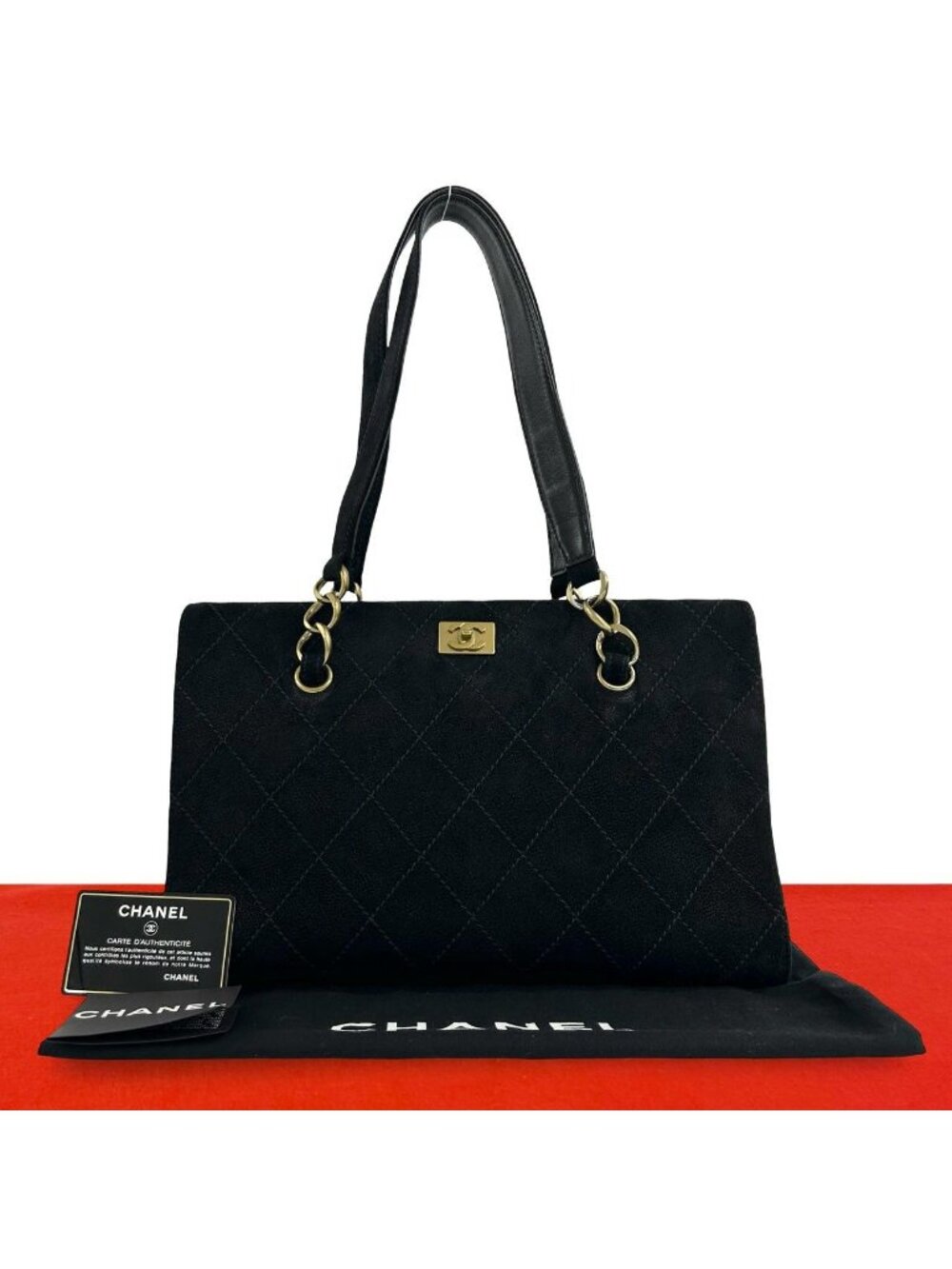 Chanel CC Logo Suede Leather Chain Tote Bag Black